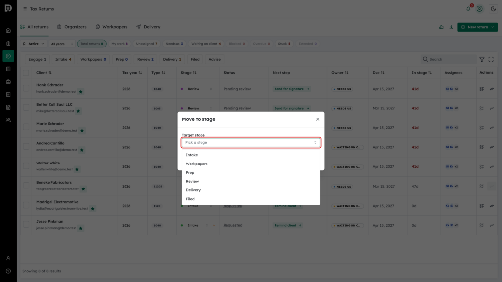 The Target stage field highlighted with Intake, Workpapers, Prep, Review, Delivery and Filed listed