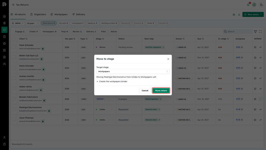 The Move return button highlighted for a move from Intake to Workpapers