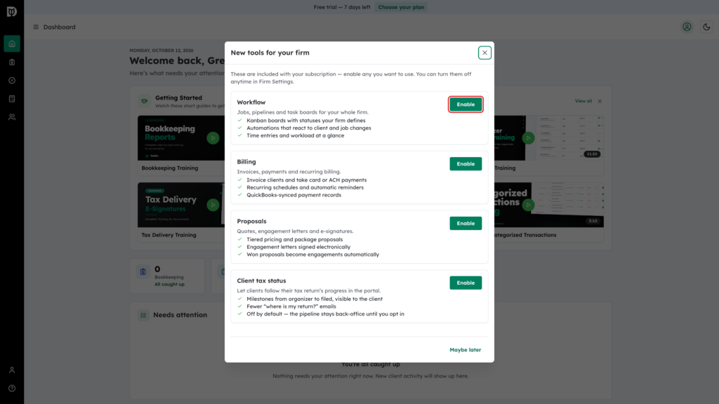 The Enable button for Workflow in the New tools for your firm window