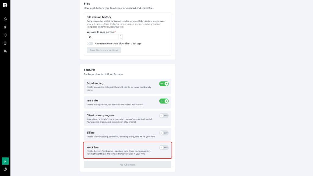 The Workflow switch under Features in Firm settings