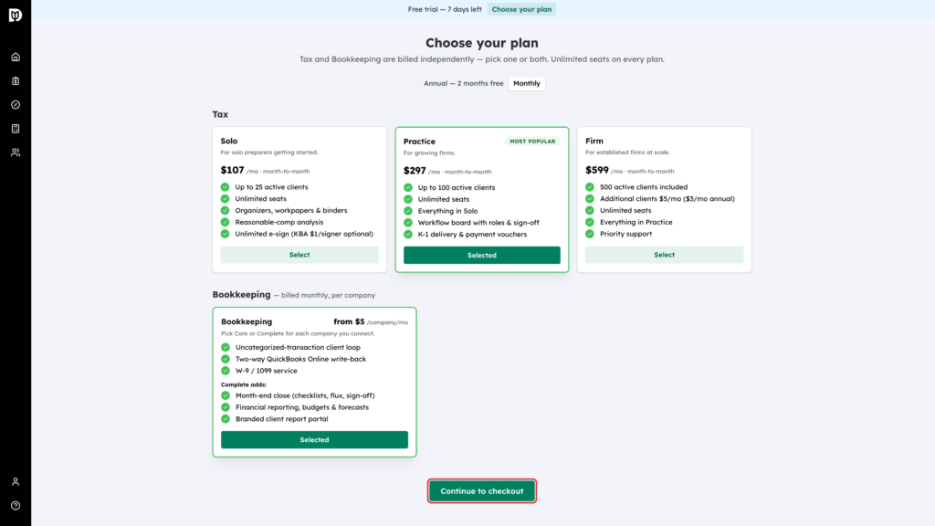 The Continue to checkout button on the Choose your plan page