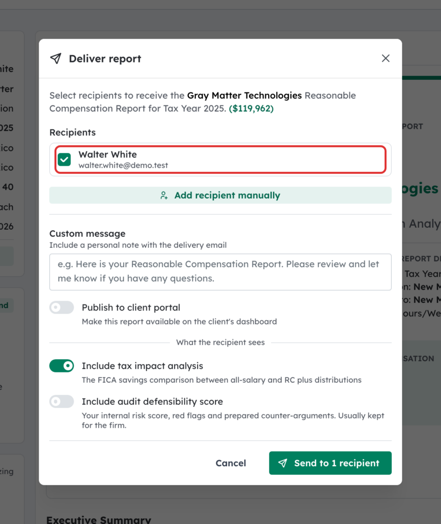 The ticked recipient row highlighted in the Deliver report window