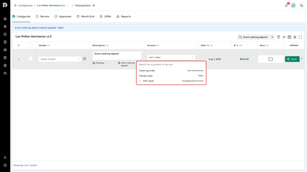 Product and service list highlighted with the income account each one posts to