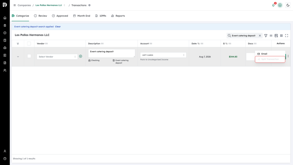 Split Transaction option highlighted as turned off in the row menu
