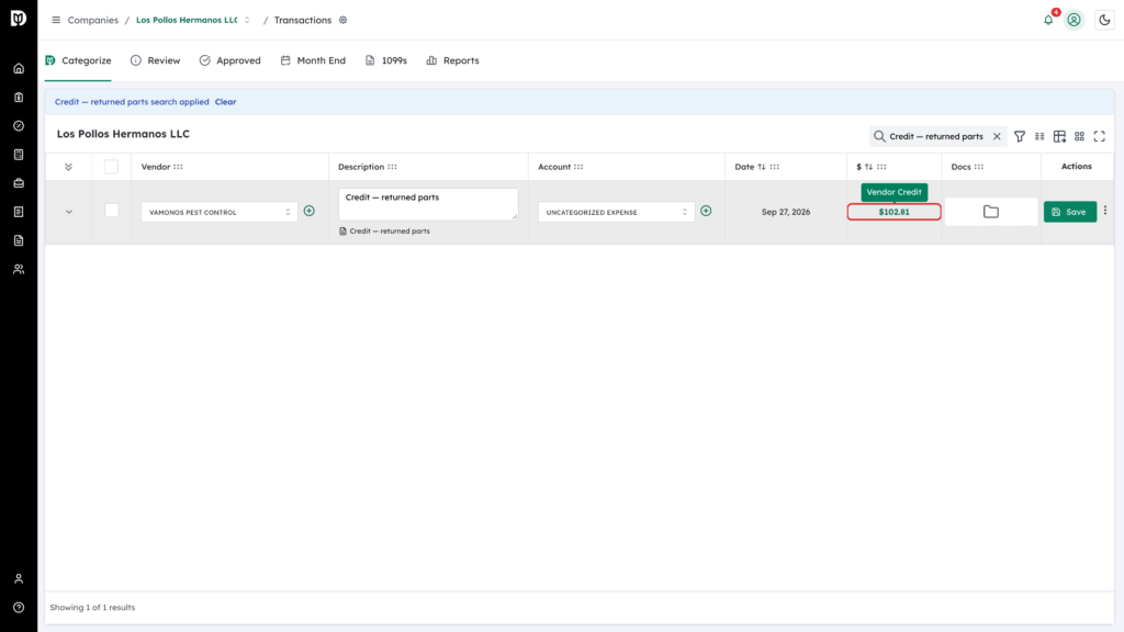Vendor Credit label highlighted on the transaction amount