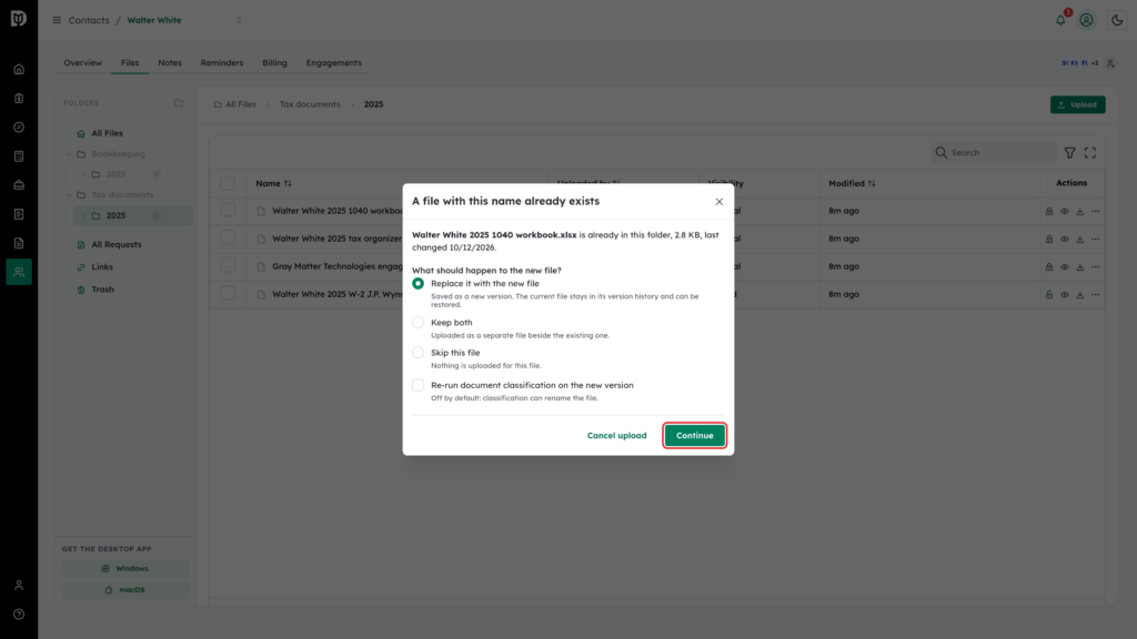Continue button highlighted in the same-name upload window