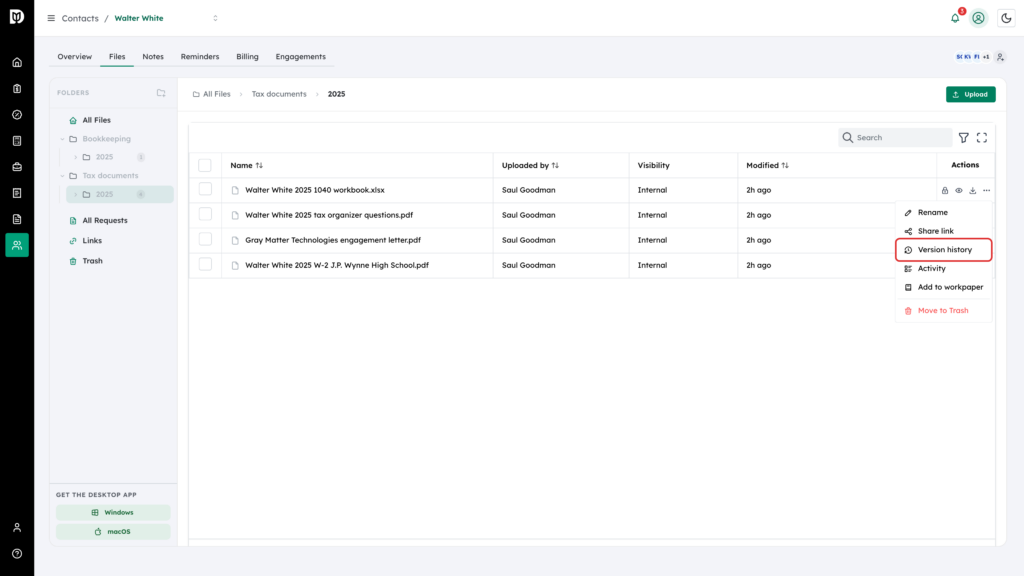 Version history highlighted in the file's More actions menu