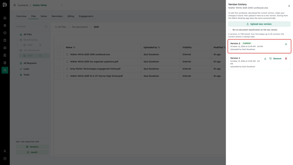 Version 2 marked Current highlighted in the Version history drawer