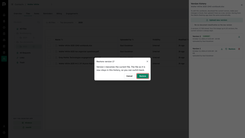 Restore button highlighted in the Restore version 1 confirmation