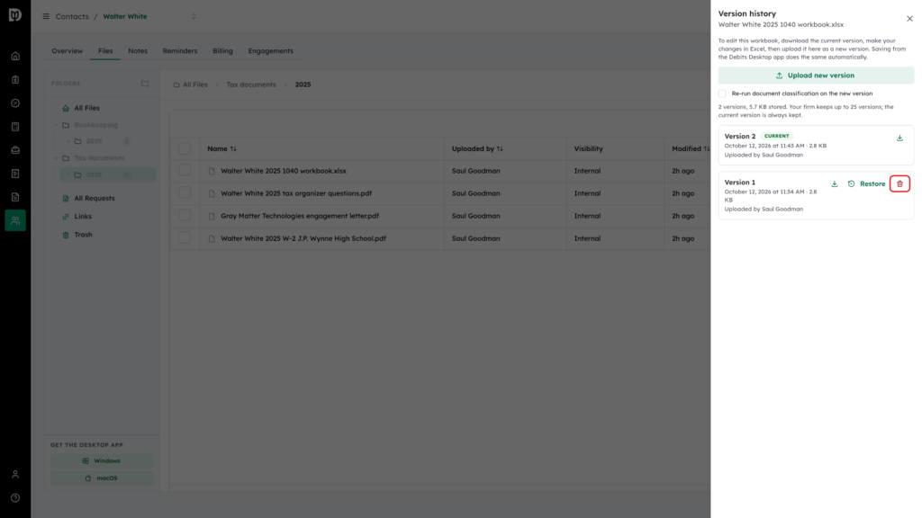 Delete icon highlighted on version 1