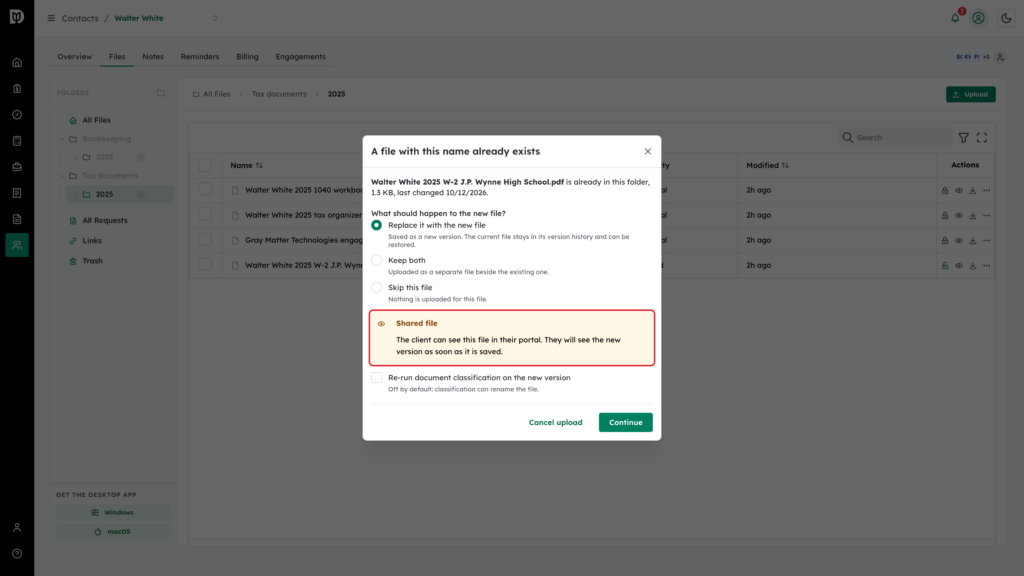 Shared file warning highlighted in the same-name upload window