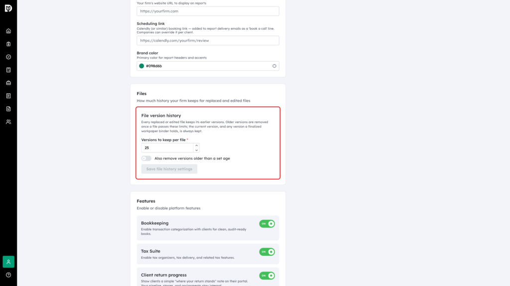 File version history card highlighted in Firm settings