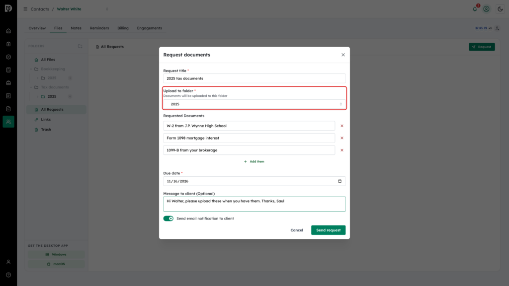 Upload to folder field highlighted in the Request documents window
