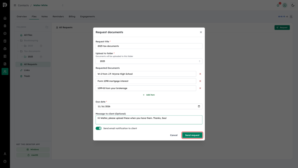 Send request button highlighted