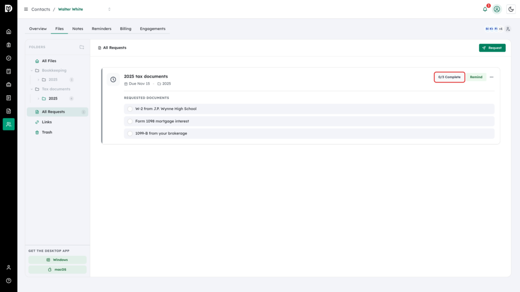 0/3 Complete progress badge highlighted on the request
