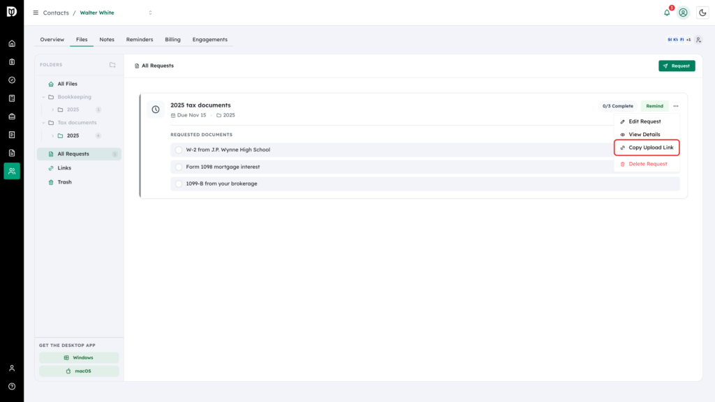 Copy Upload Link highlighted in the request's actions menu