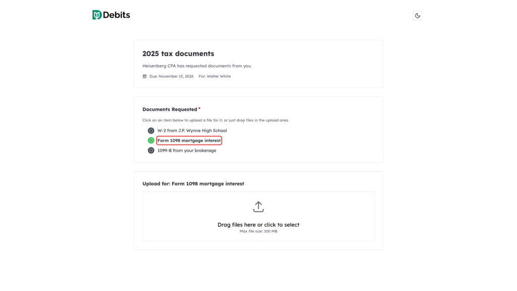 Form 1098 mortgage interest item highlighted on the client's upload page