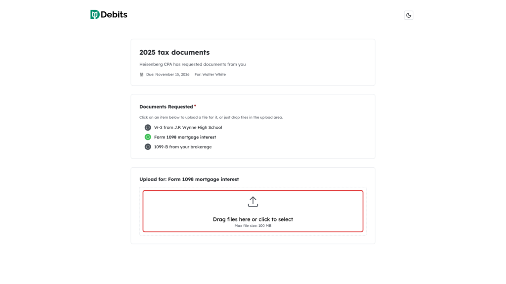 Upload drop zone highlighted on the client's upload page