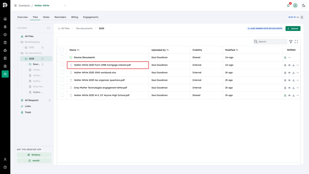 Uploaded Form 1098 file highlighted in the Tax documents 2025 folder