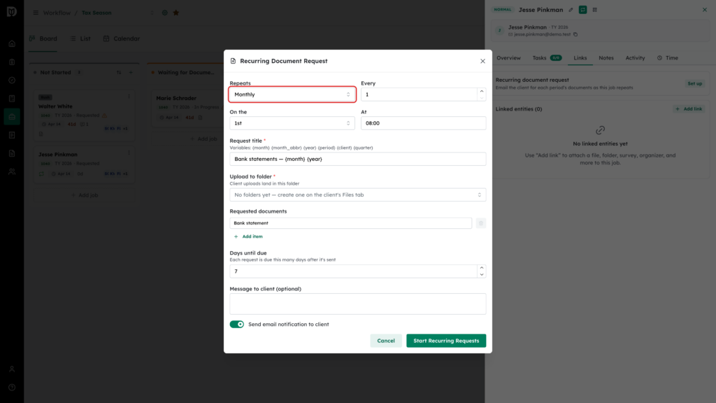 Repeats field highlighted in the Recurring Document Request window