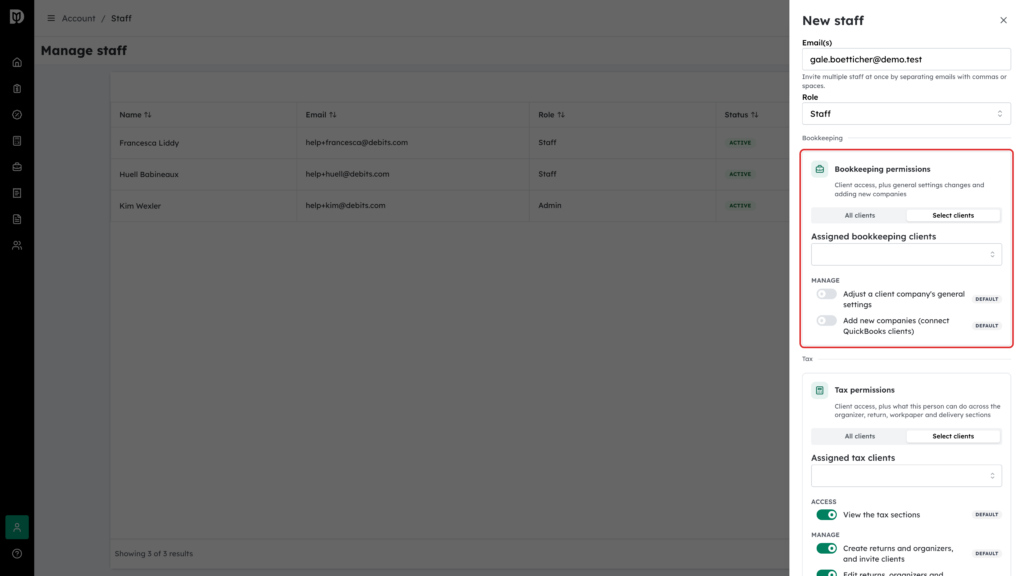 The Bookkeeping permissions card with Select clients chosen and the Assigned bookkeeping clients picker
