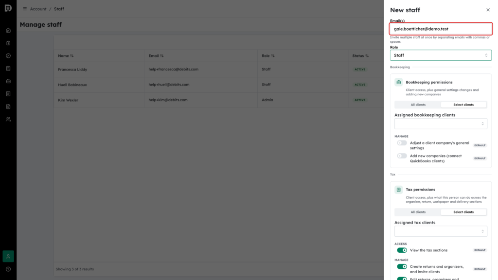 The Email(s) field in the New staff drawer, with the Bookkeeping permissions and Tax permissions cards below
