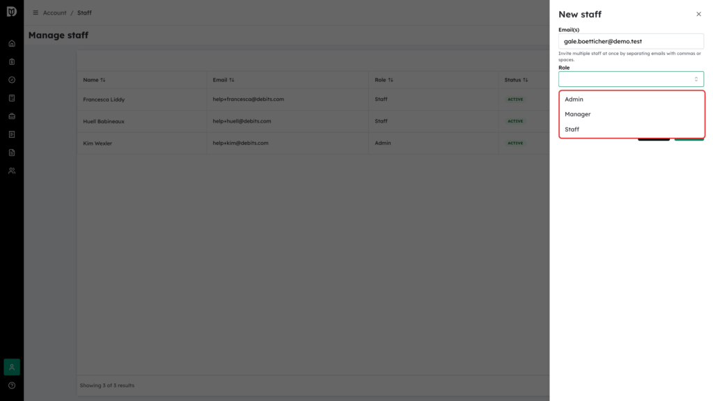 The Admin, Manager and Staff options in the Role list