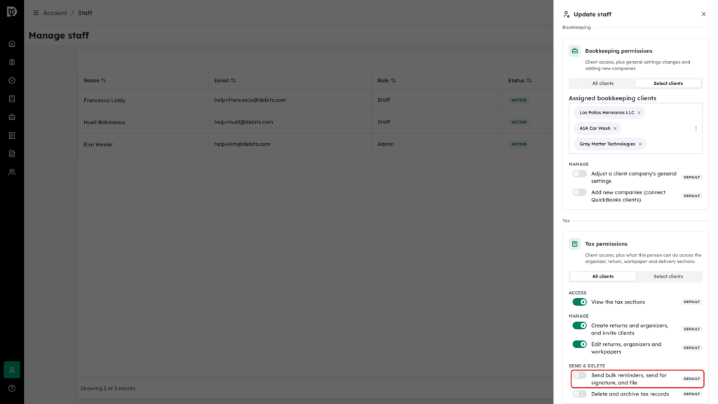 The Send bulk reminders, send for signature, and file switch