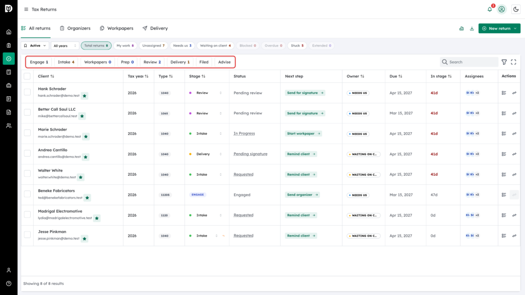 The stage chips highlighted in the table toolbar, from Engage to Advise