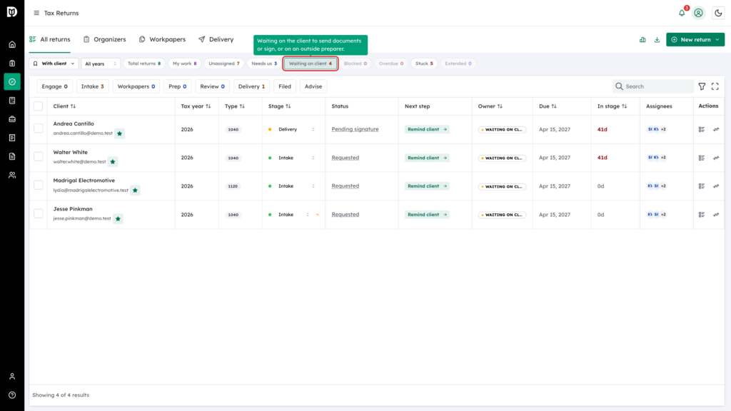 The Waiting on client queue tile highlighted, with its tooltip showing