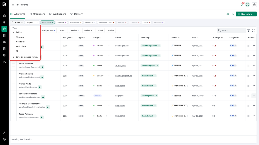 The Views menu highlighted with Active, My work, Needs us, With client, All and Save or manage views