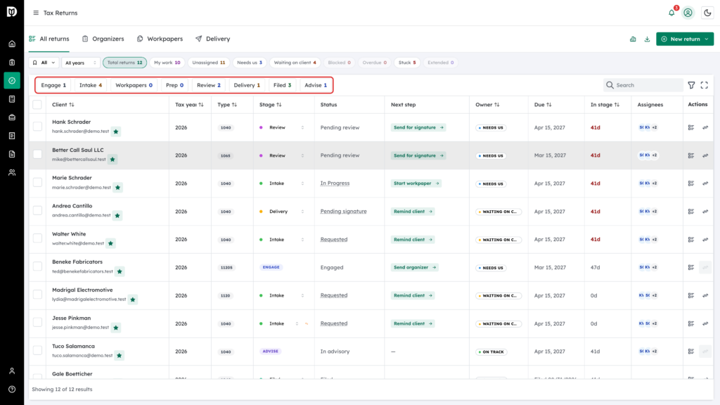 The stage chips highlighted in the All view, with Filed and Advise now counted