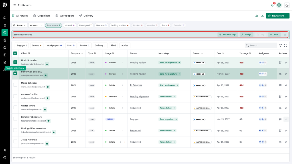 The bulk action bar highlighted showing 2 returns selected with Run next step, Assign, Tag and More