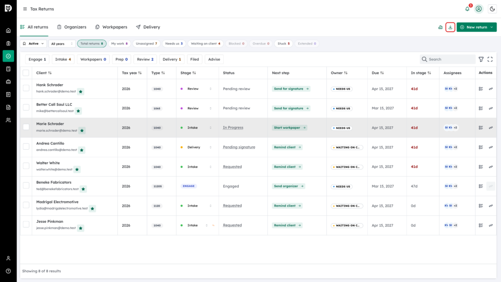 The Export CSV icon highlighted next to New return