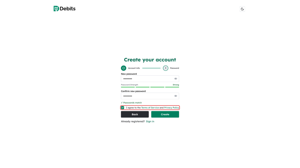 The I agree to the Terms of Service and Privacy Policy checkbox on the password step