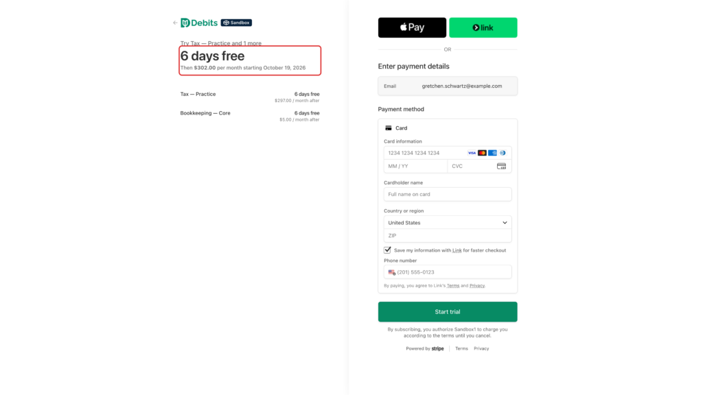The free days and the first charge date on the Stripe checkout summary