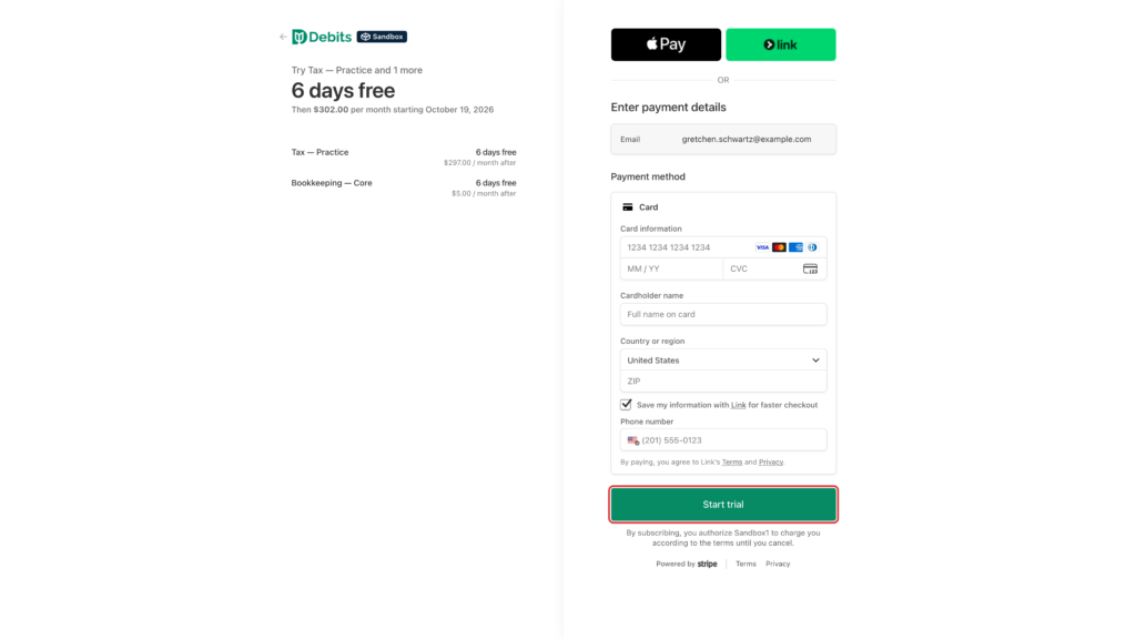 The Start trial button on the Stripe checkout page