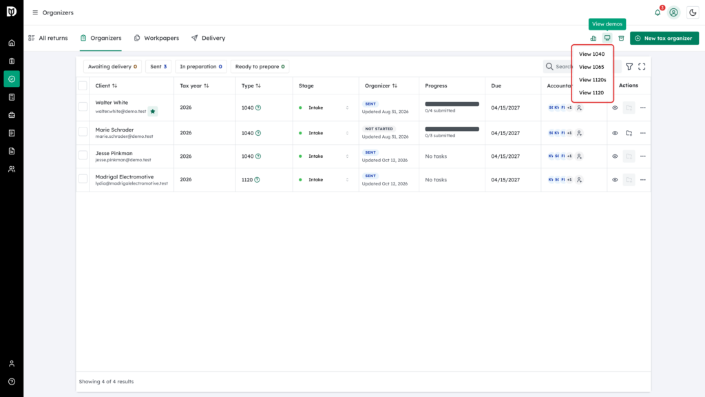 The open View demos menu highlighted, listing View 1040, View 1065, View 1120s and View 1120