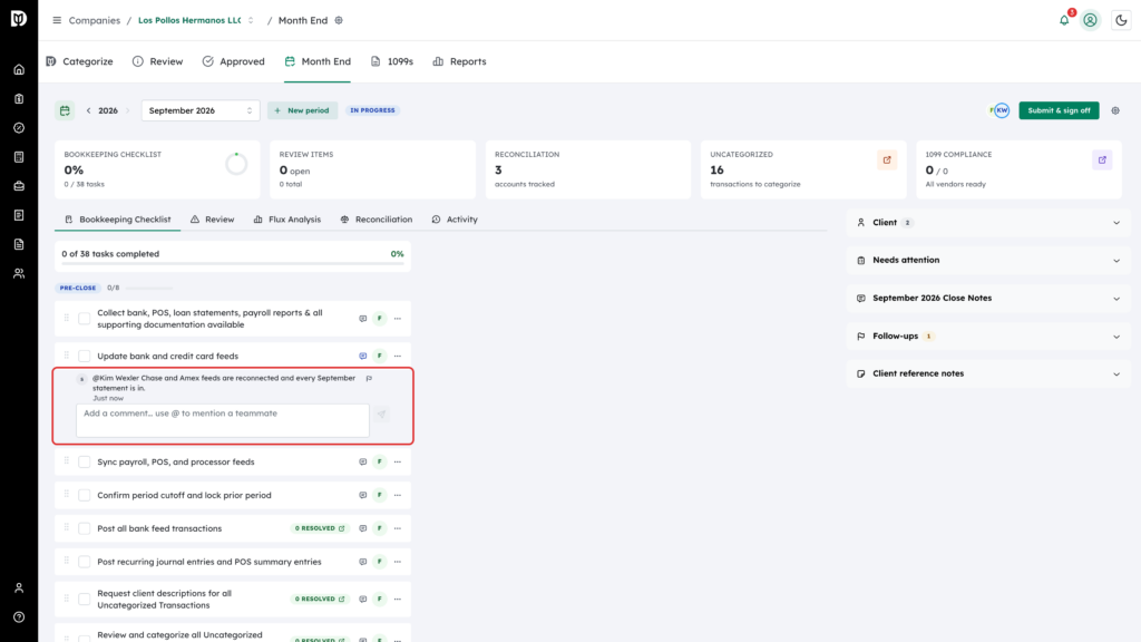 Comment thread highlighted under a checklist task with a teammate mentioned