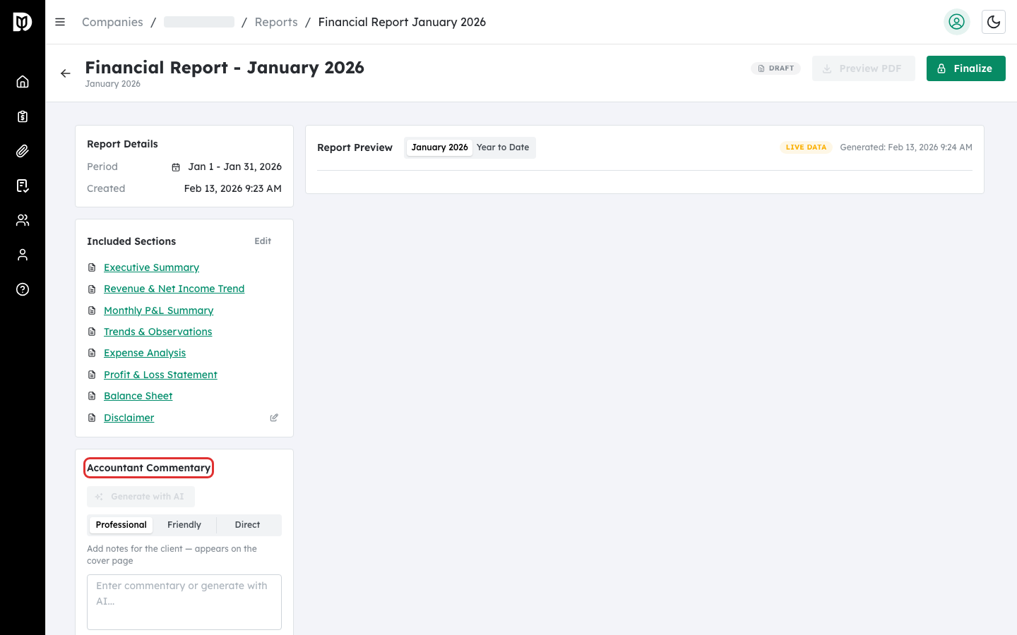 Accountant Commentary panel in the report sidebar with text area and AI button