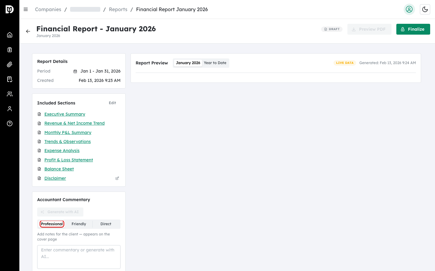Tone selector segmented control showing Professional, Friendly, and Direct options