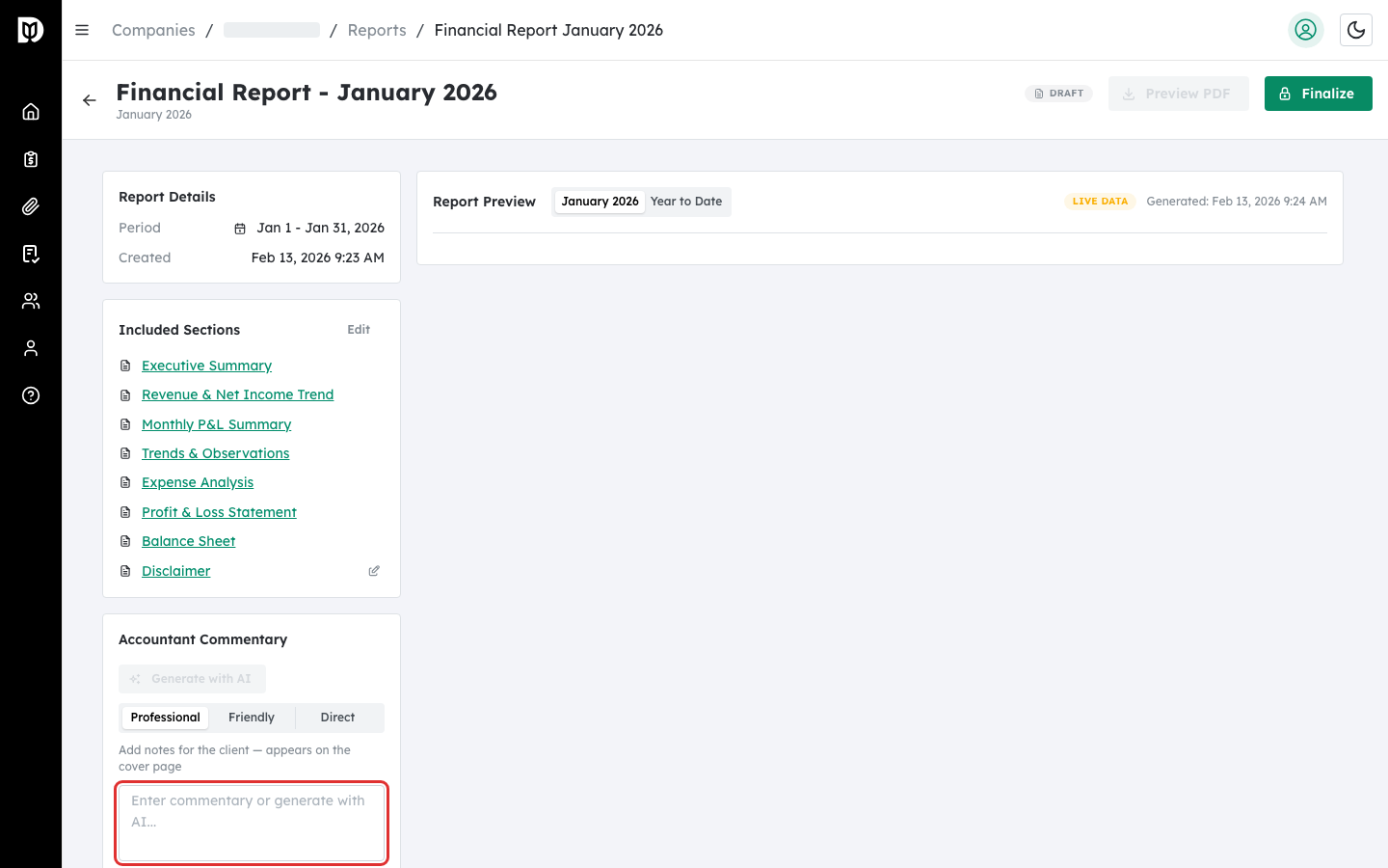 Generated commentary text in the editable text area