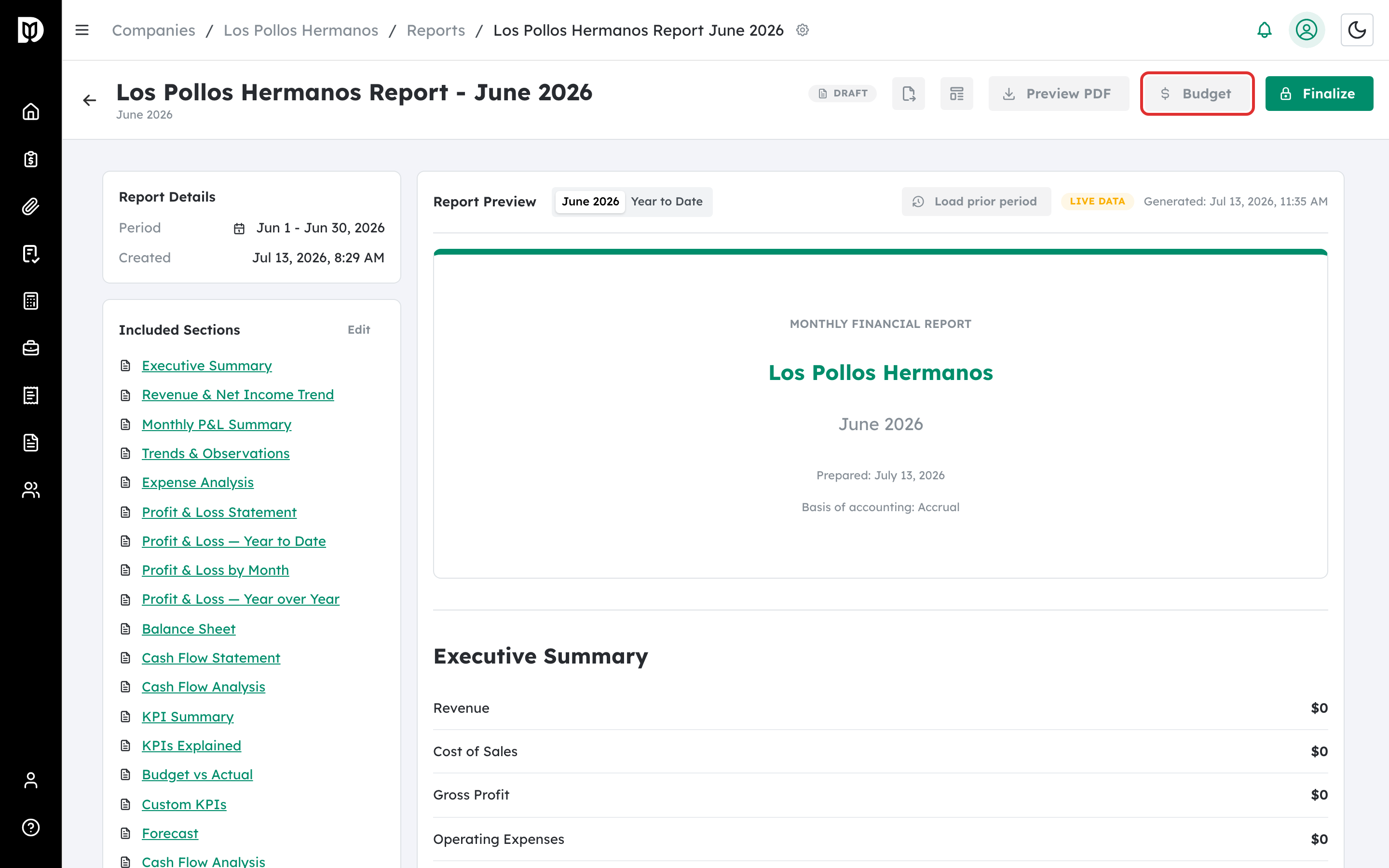 Budget button highlighted in the report header