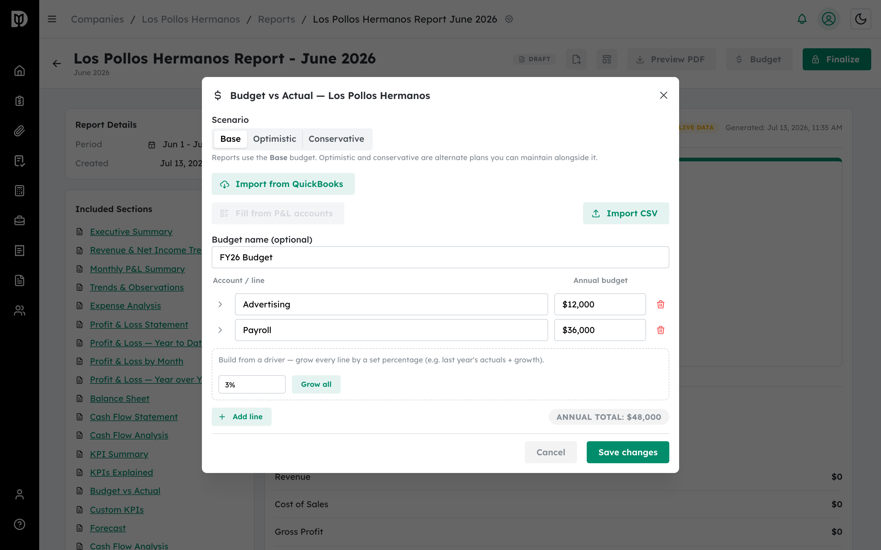 Budget editor with account lines and annual budget amounts