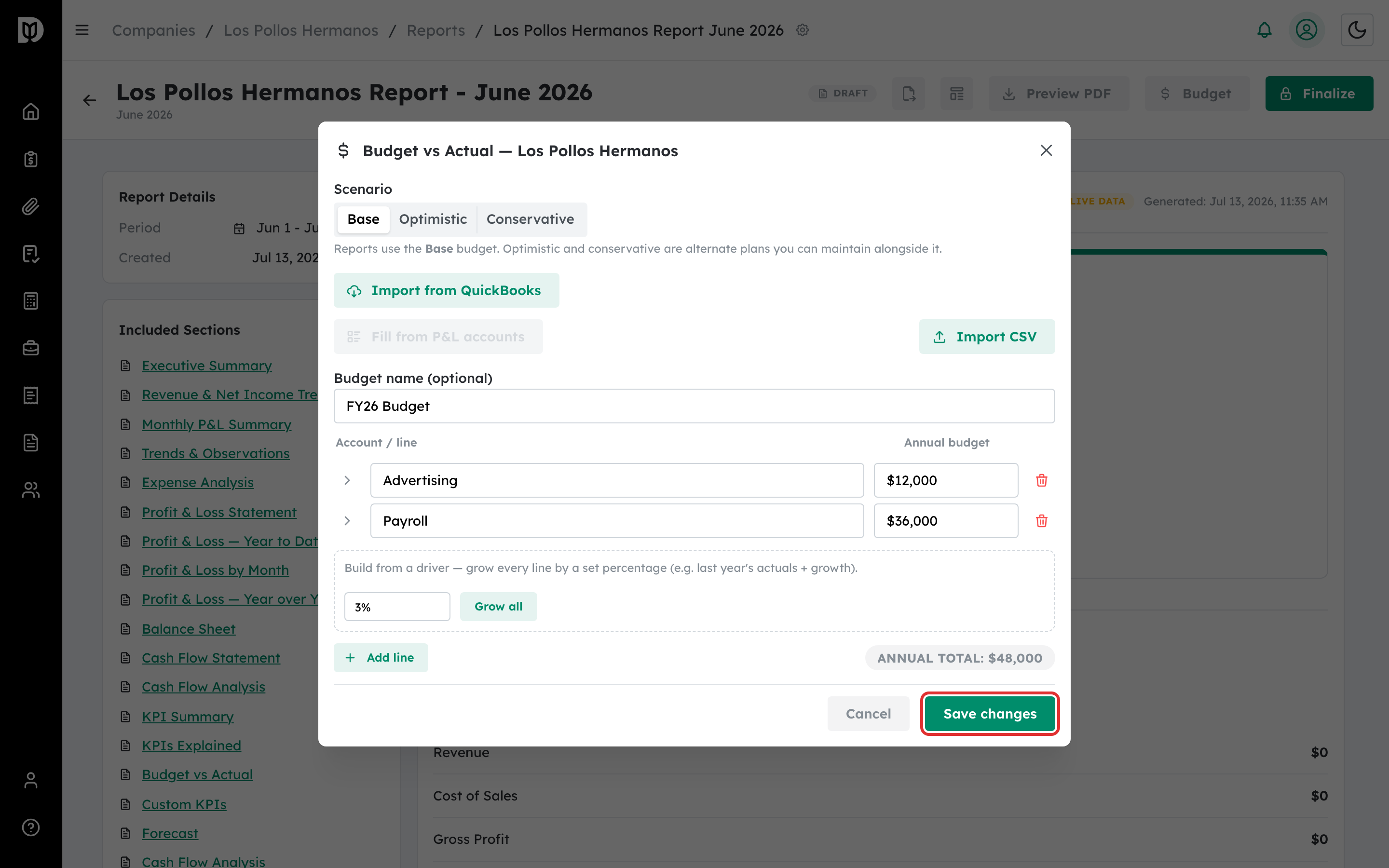 Save changes button highlighted in the budget editor
