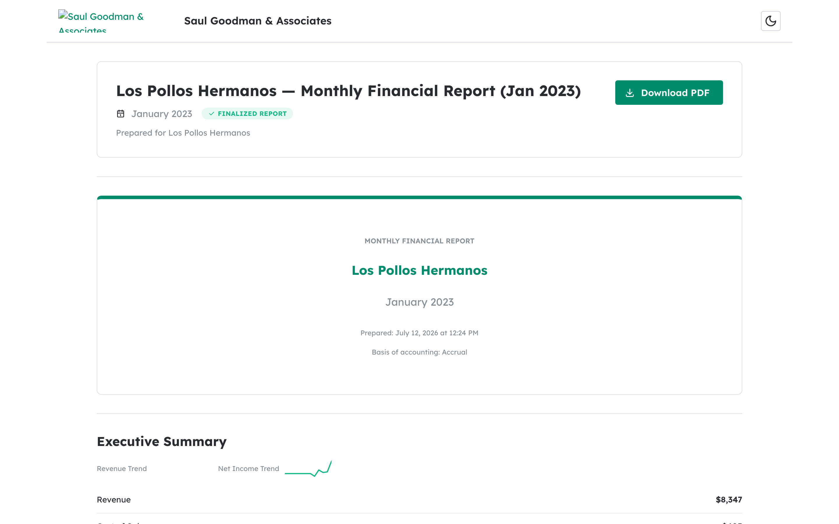 Client-facing financial report with firm branding