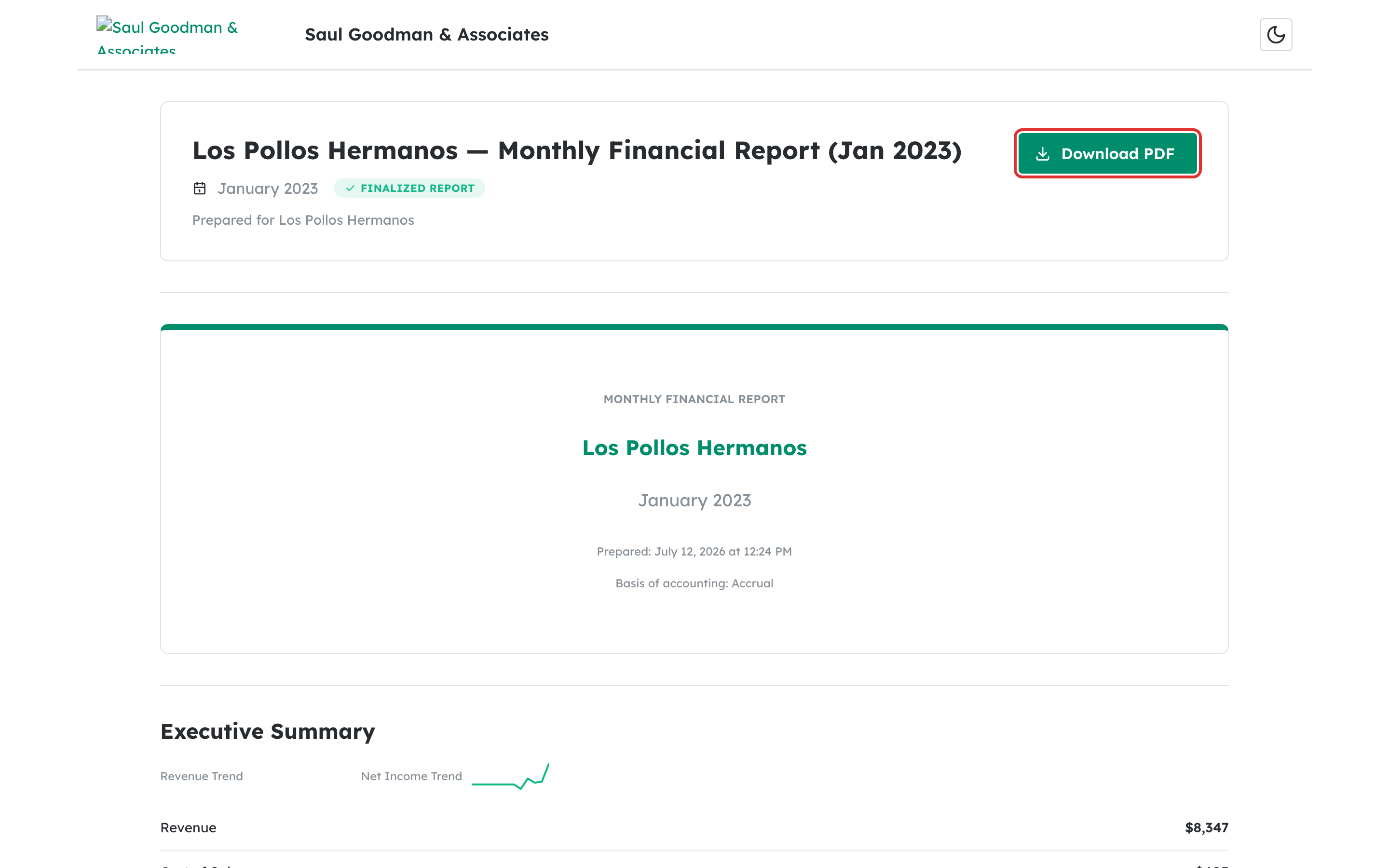 Download PDF button highlighted on the client report