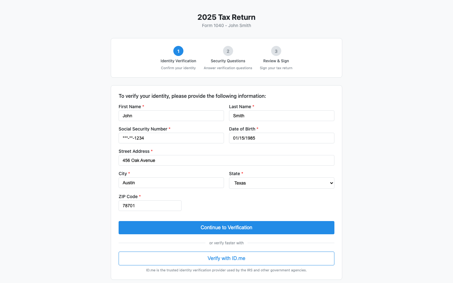 Tax return signing page with identity verification form