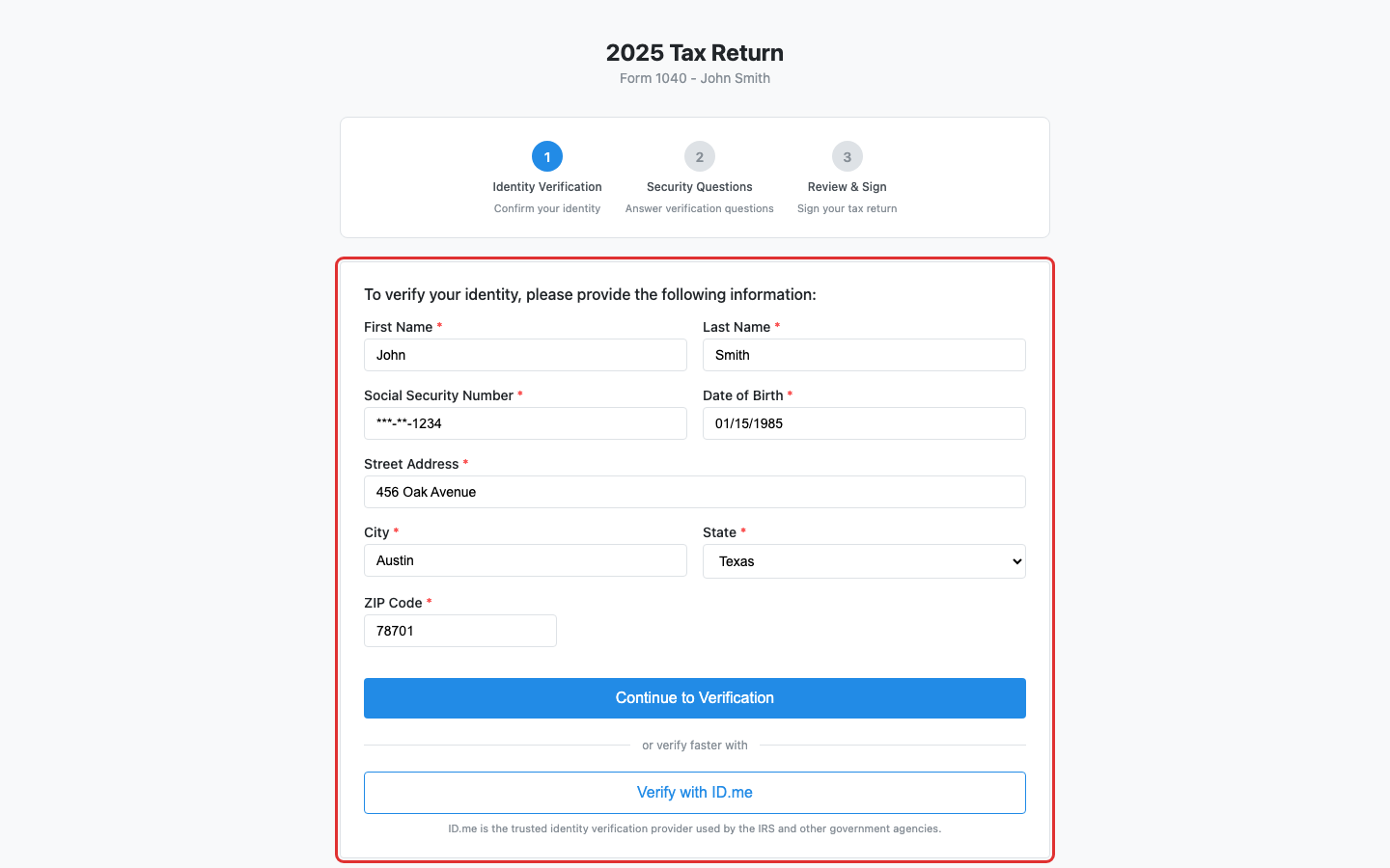Identity verification form highlighted