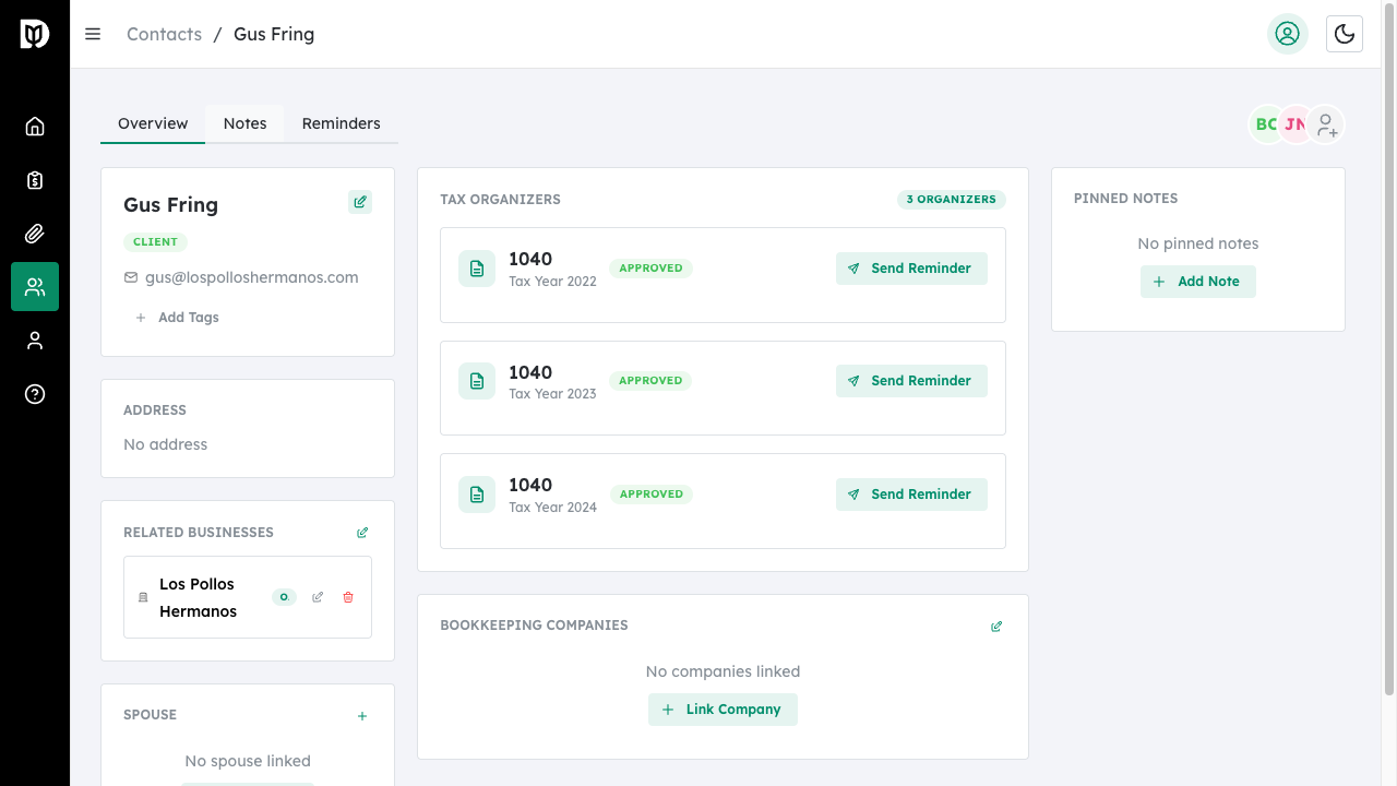 Pinned Notes section on Overview tab showing pinned notes